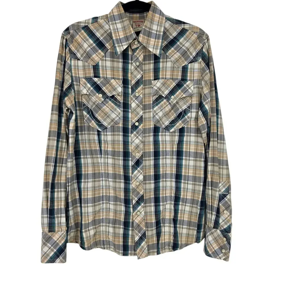 True Religion Tan & Blue Plaid Western Cotton Long Sleeve Pearl Snap Shirt Sz S